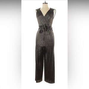 Jumpsuit Vanessa Virginia By Anthropologie Gold Metallic plisse. Wide Leg wrap.